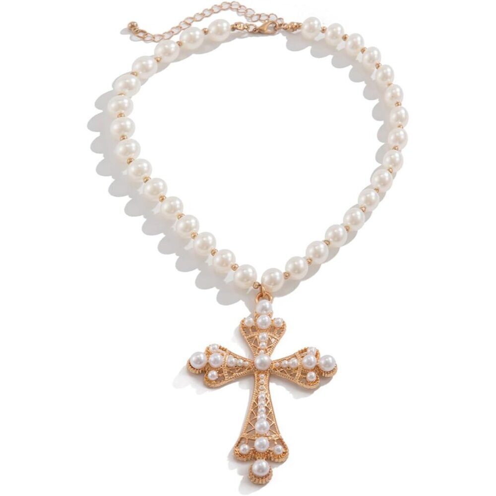 Women Punk Pearl Cross Necklace - Chunky Gothic Punk Vintage Cross Jewelry - Picture 8 of 8